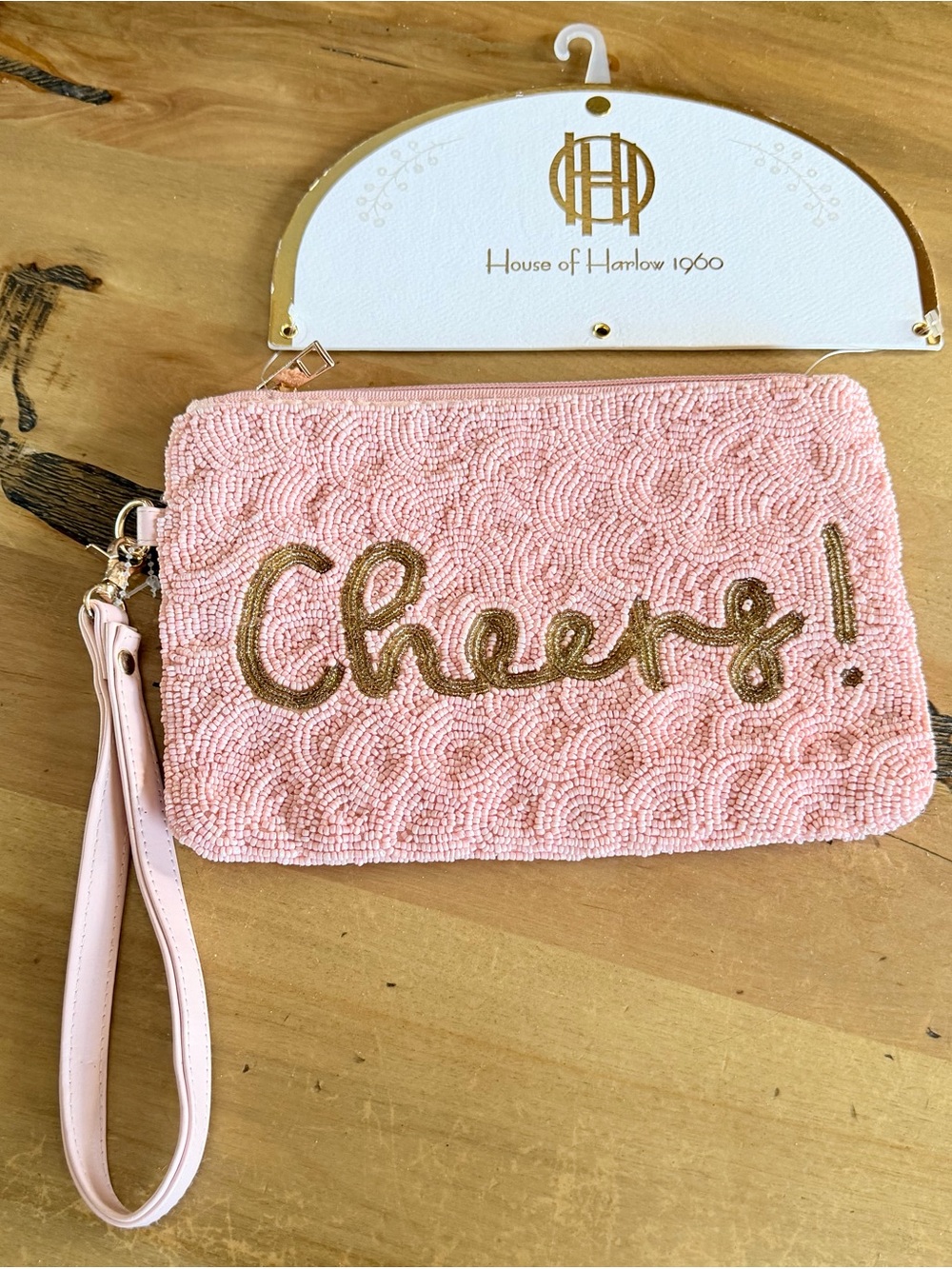 House of Harlow 1960 Pink Beaded "Cheers!" Wristlet